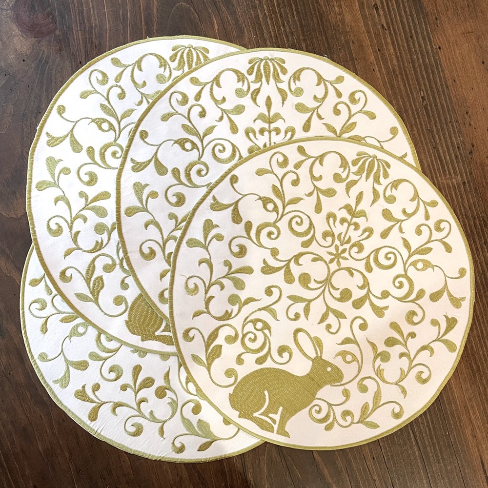 Embroidered Scrollwork Easter Bunny / Spring 15" Round Set of 4 Placemats
